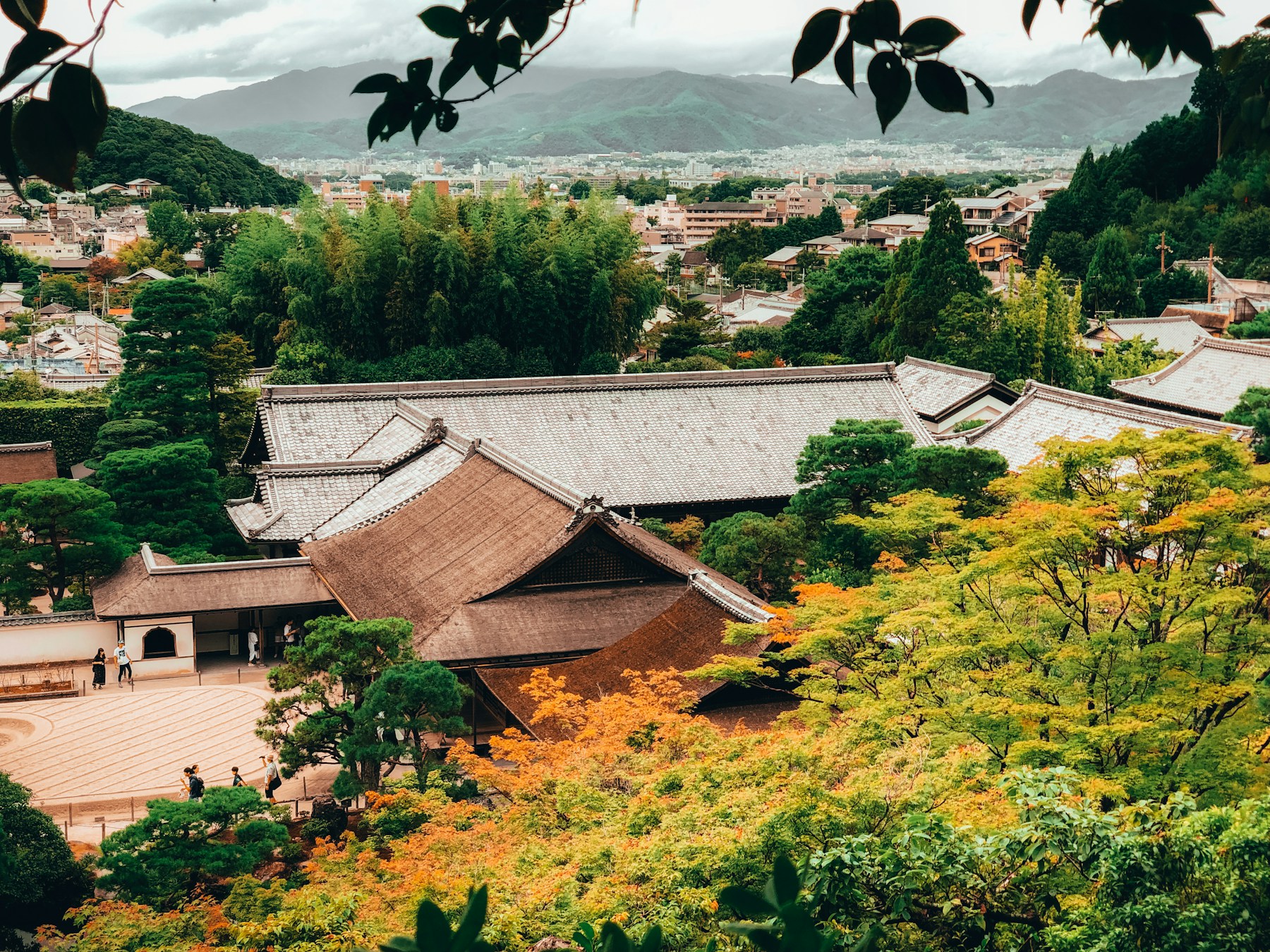 Traditional temple rooftops among green gardens in Kyoto